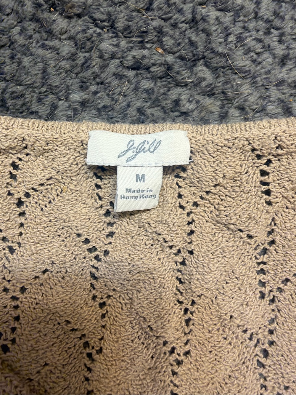 J. Jill Taupe Openwork Knit  Eyelet Sweater with Scallop Sleeves and Hem